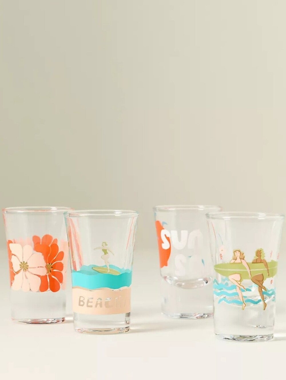 Anthropologie Isla  Retro Summer Beach Shot Glasses - Clear Coral & Teal Designs